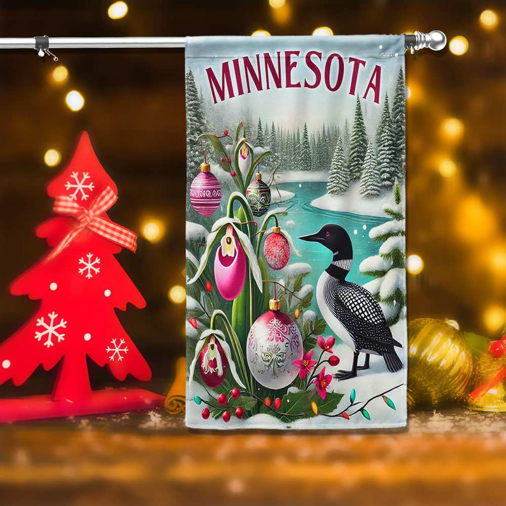 Minnesota Christmas Common Loon And Pink White Lady S Slipper Flag