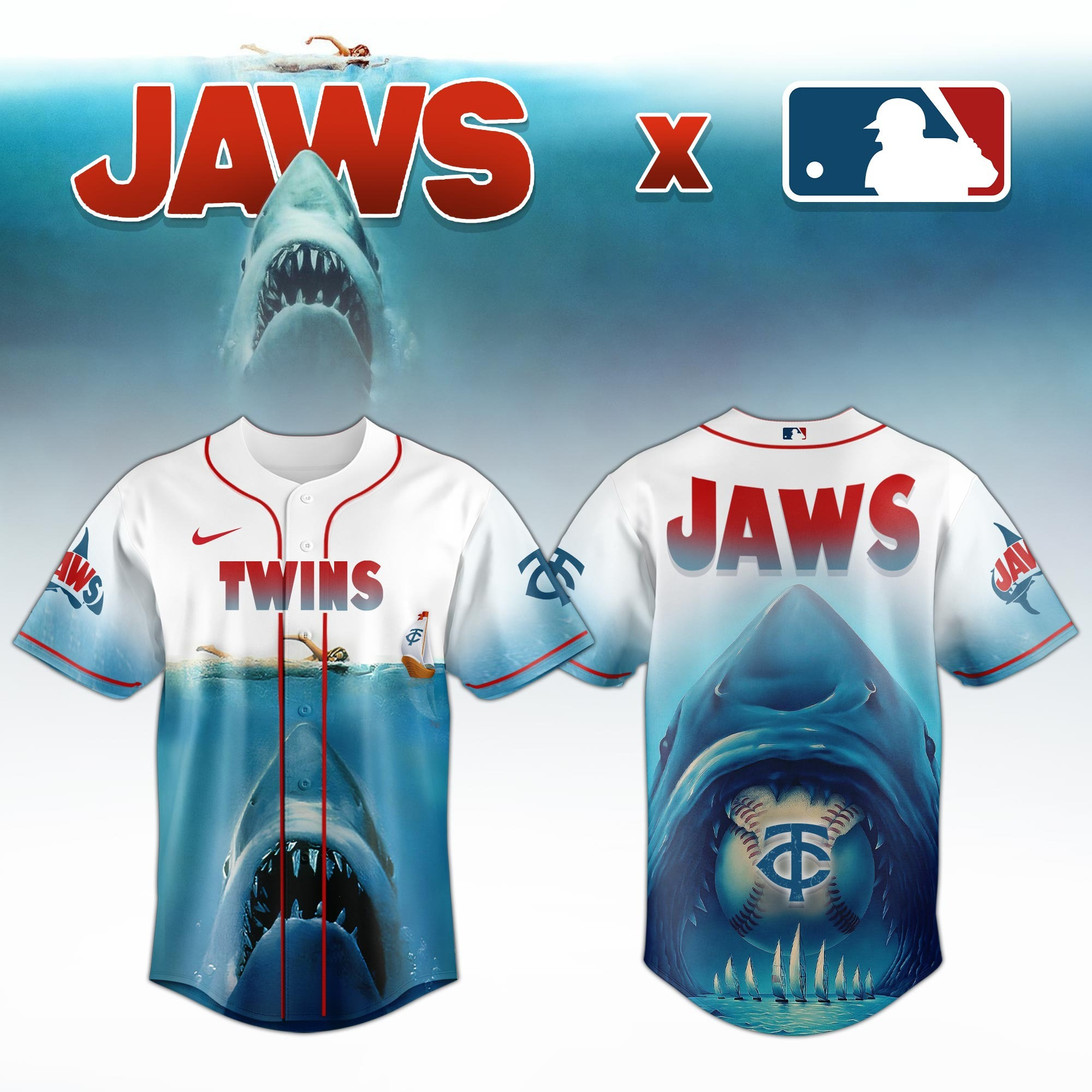 Minnesota Twins x JAWS Jersey MLB Merch Baseball Lovers Themed Movie Gifts For Jaws Fans
