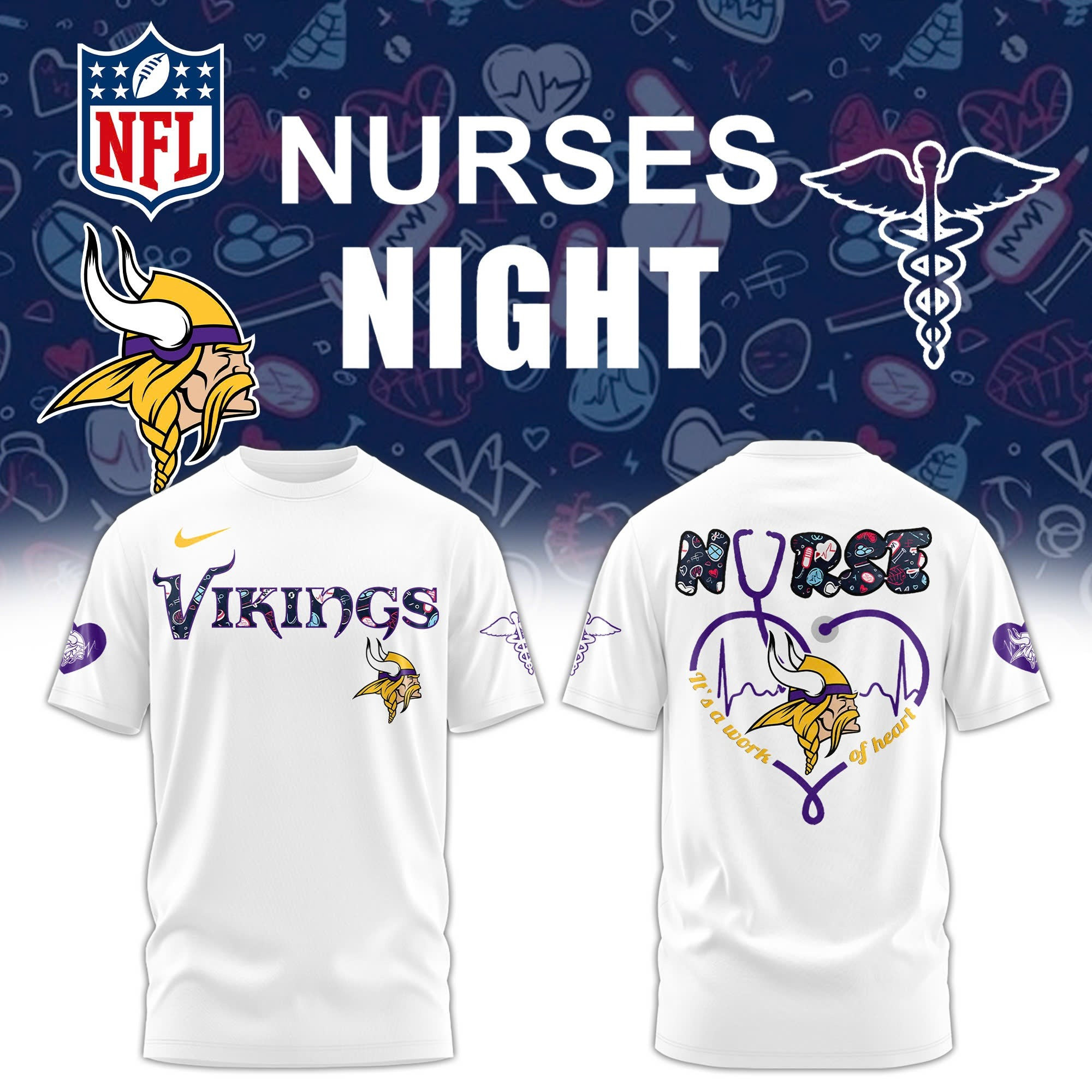 Minnesota Vikings x Nurses Night White T-shirt Cool Gifts For Baseball Lovers