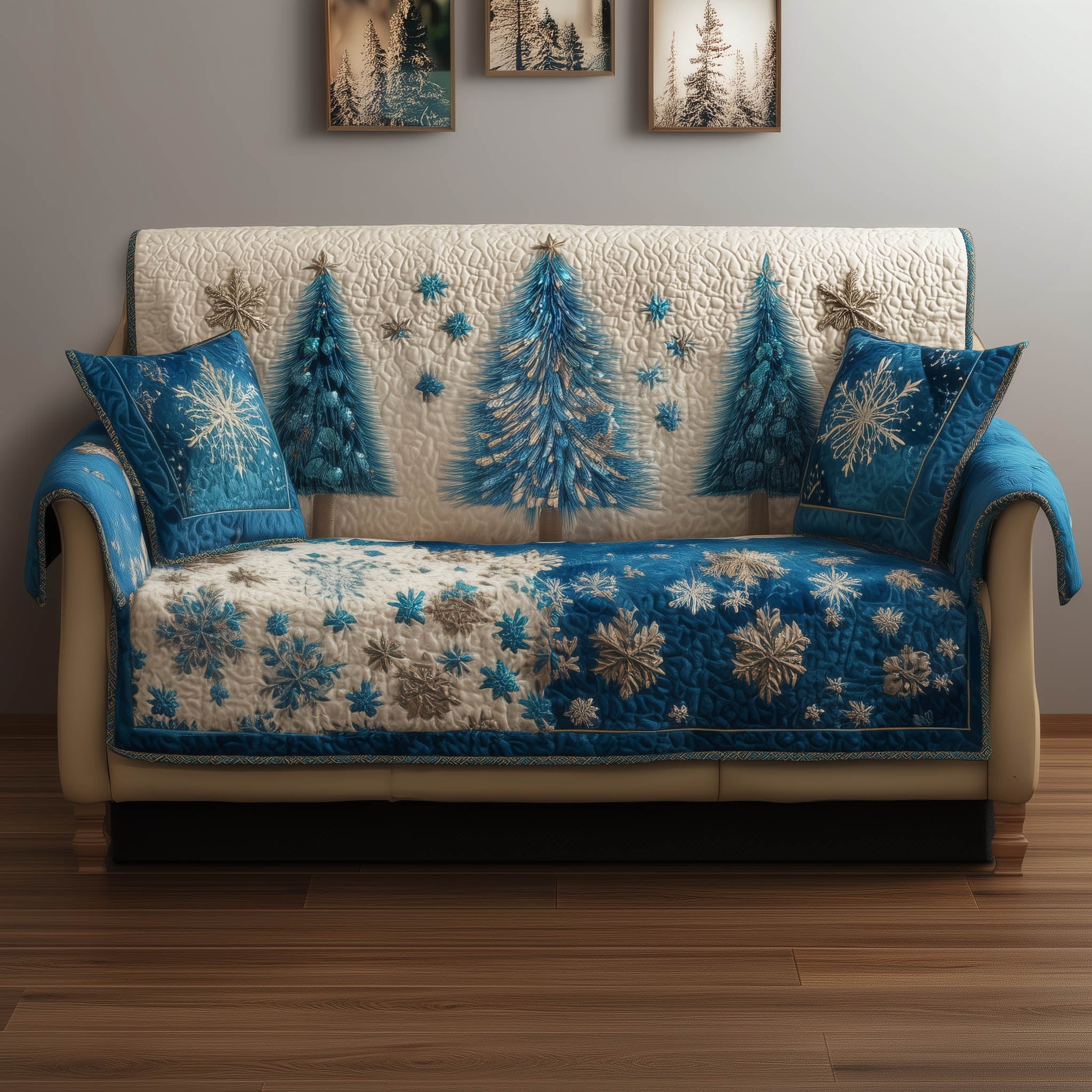 Miracle Evergreen Quilted Sofa Cover Festive Pine Tree Motif Family Gift Ideas