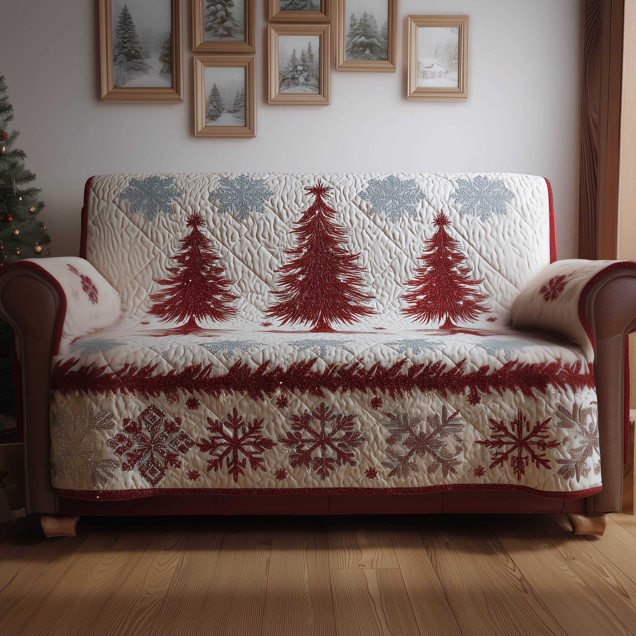 Miracle Evergreen Quilted Sofa Cover Red Christmas Tree Forest Family Gift Ideas