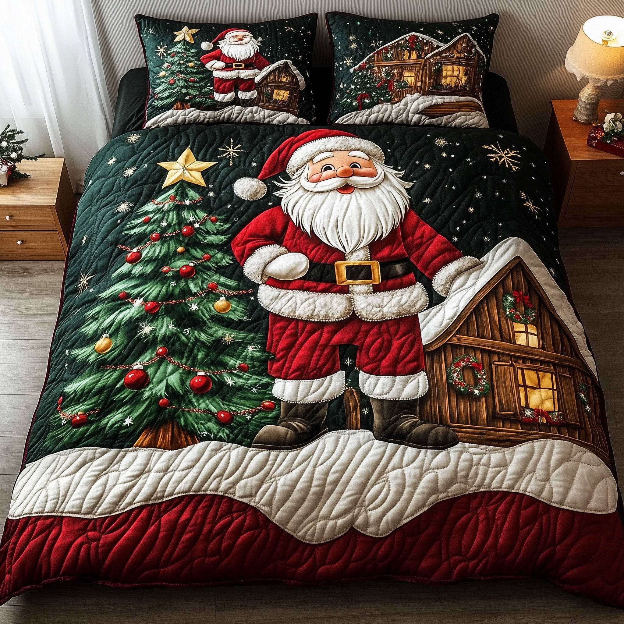 Miracle Village Quilted Bedding Set Santa Wooden House Tree Decor Cool Xmas Bedding Gifts