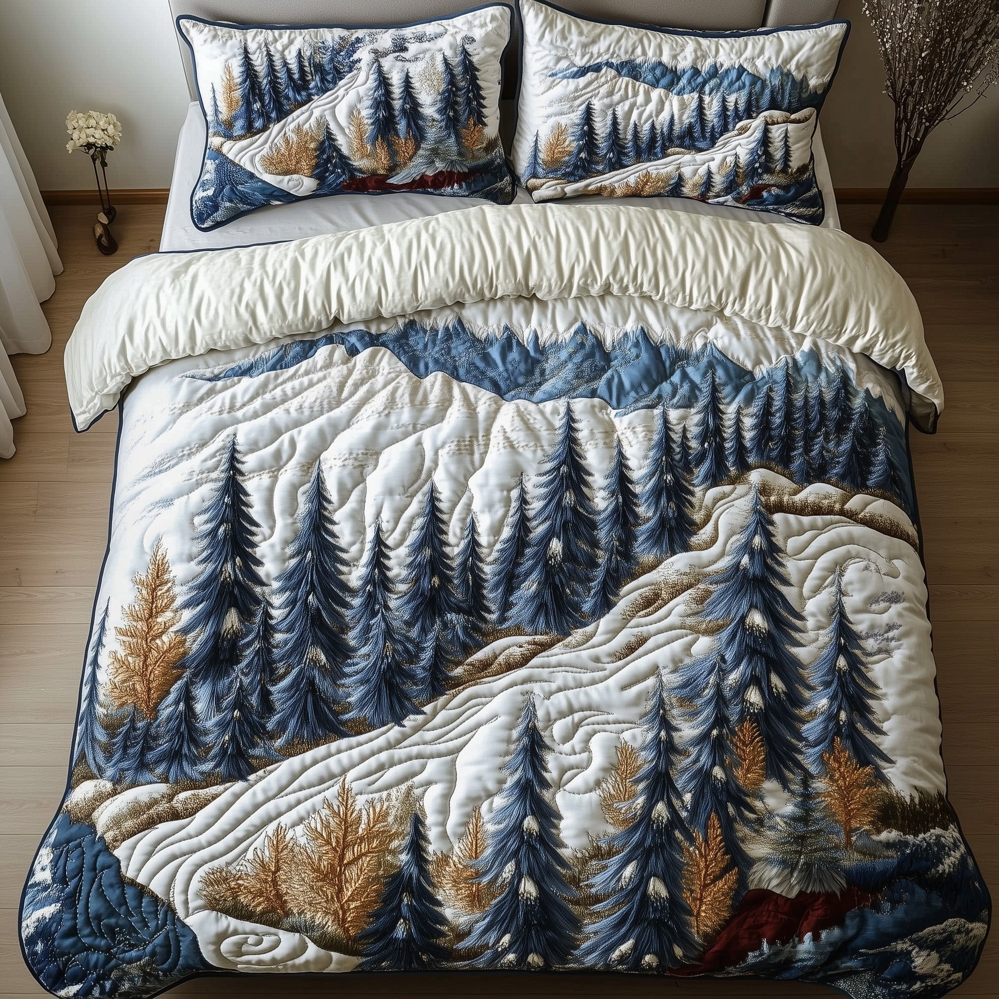 Miracle Xmas Quilted Bedding Set Cozy Pine Forest Quilt Cover Unique Decor Gift Ideas