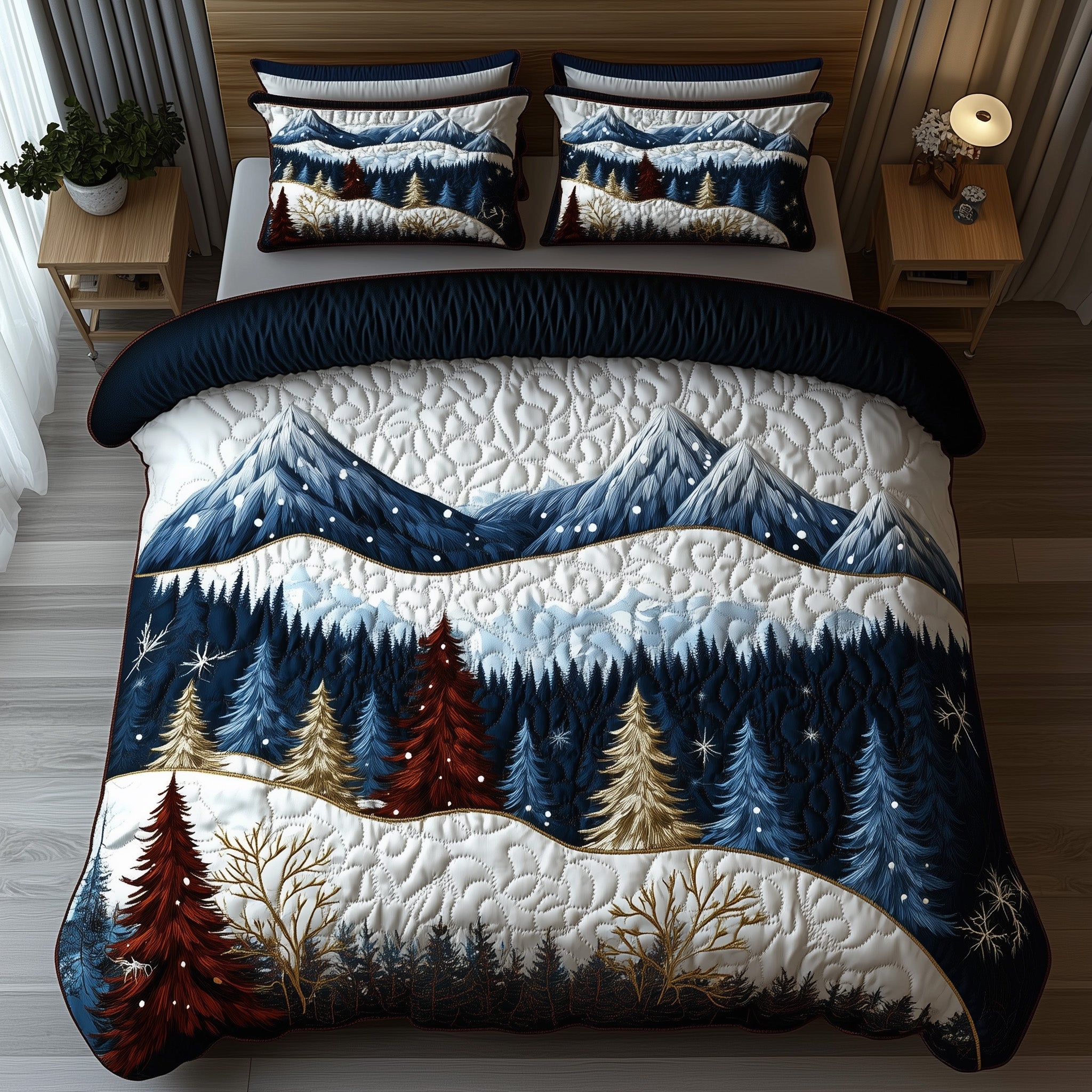 Miracle Xmas Quilted Bedding Set Forest Pine Xmas Decor Unique Bedding Gift Ideas