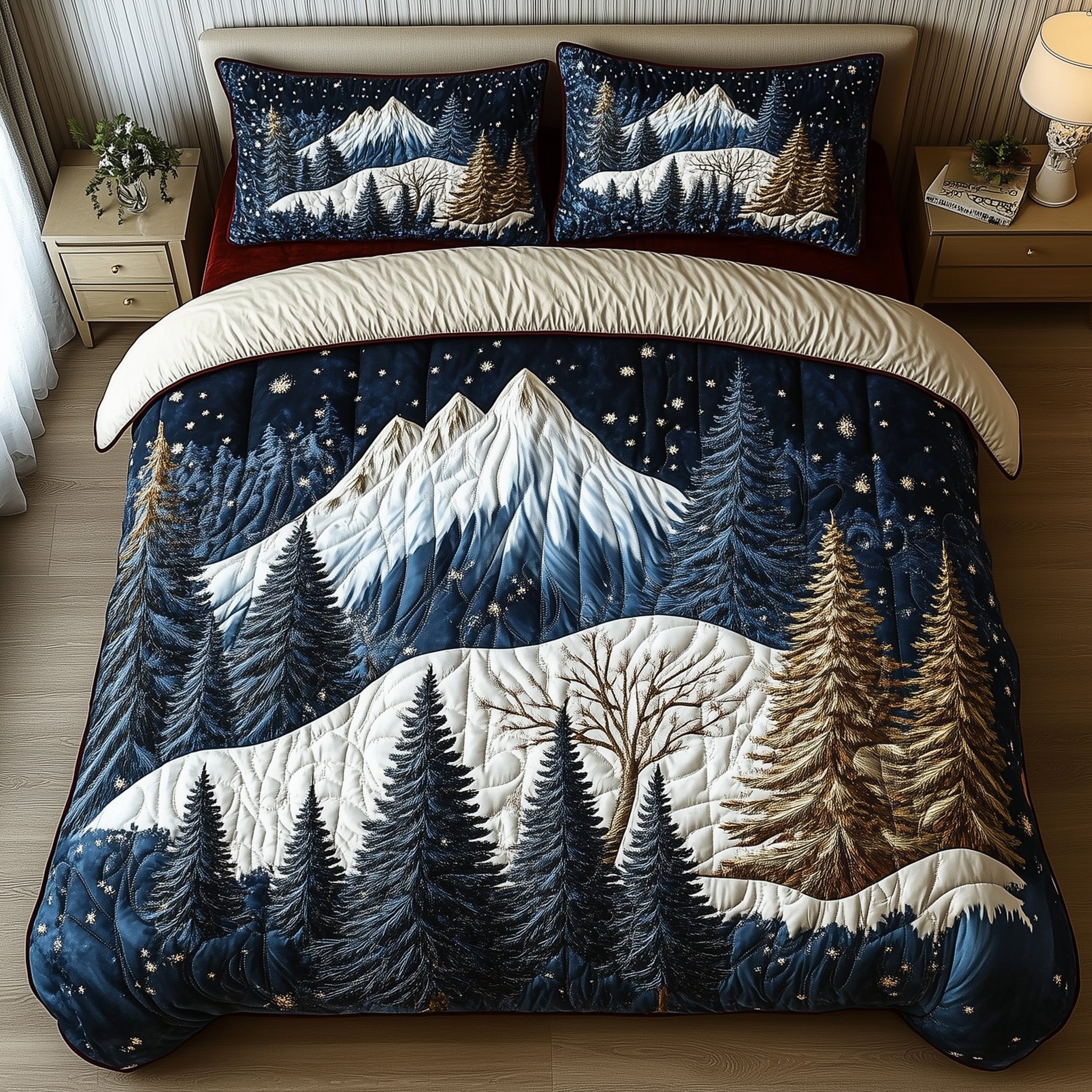 Miracle Xmas Quilted Bedding Set Forest Pine Xmas Mountain Snow Decor Bedding Gift Ideas