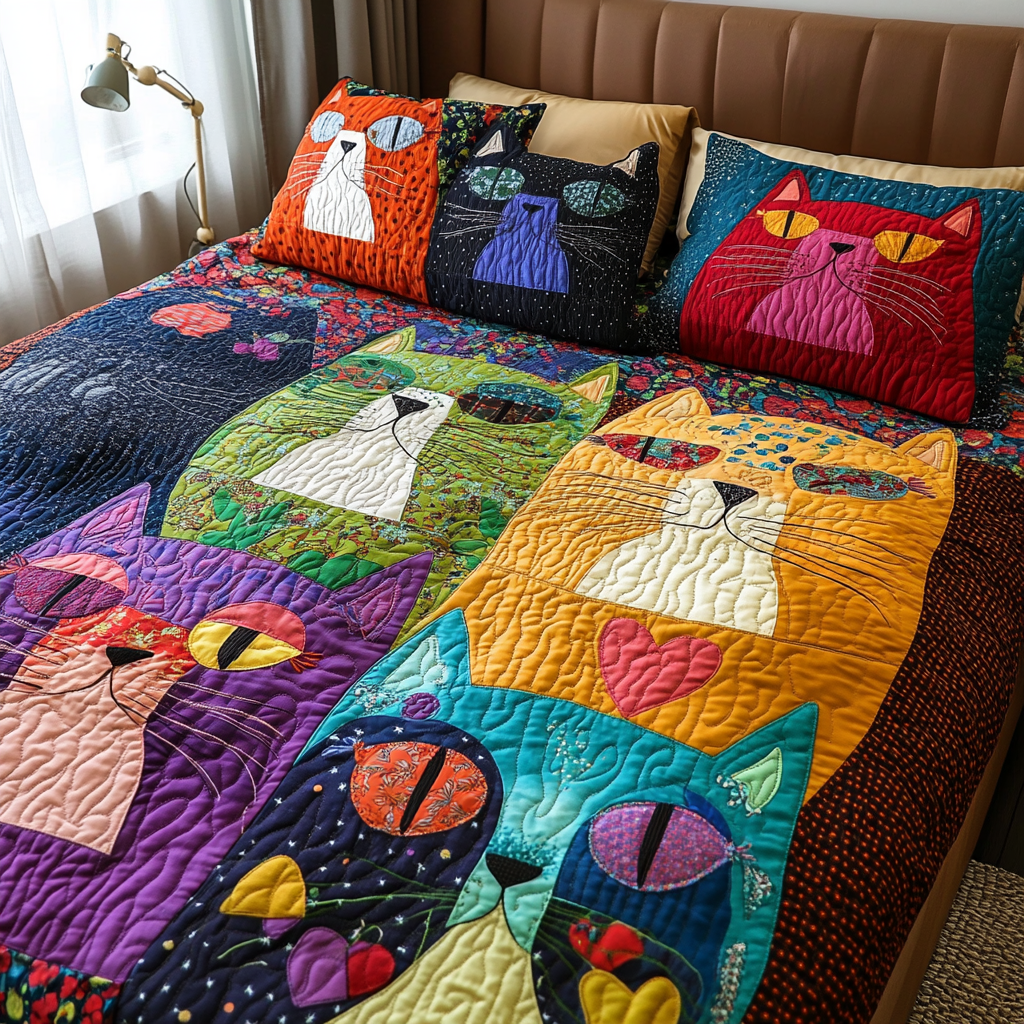 Mischief Meows Quilted Bedding Set Best Bedspread Set Best Cat Gifts For Christmas