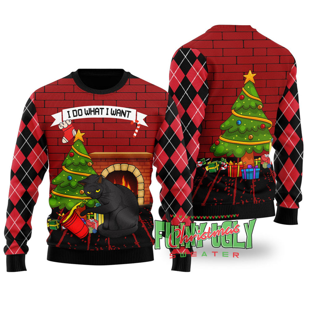 Mischievous Black Cat Funny Christmas Sweater Black Trendy Winter Sweatshirt for Cozy Moments
