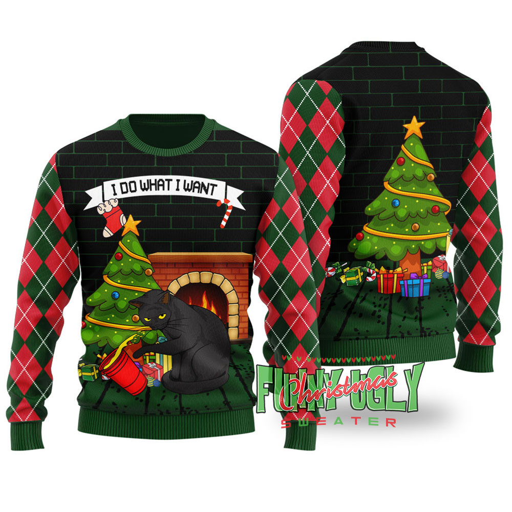 Mischievous Black Cat Funny Christmas Sweater Forest Green Perfect Holiday Gift Merch for Sweater Lovers