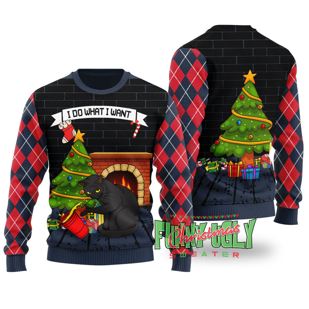 Mischievous Black Cat Funny Christmas Sweater Navy Cute Christmas Sweatshirt for Holiday Spirit