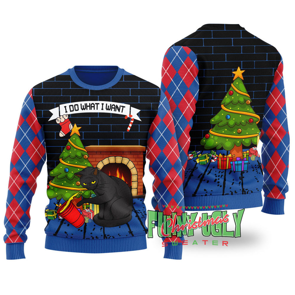 Mischievous Black Cat Funny Christmas Sweater Royal Comfortable Holiday Sweater for Chilly Nights
