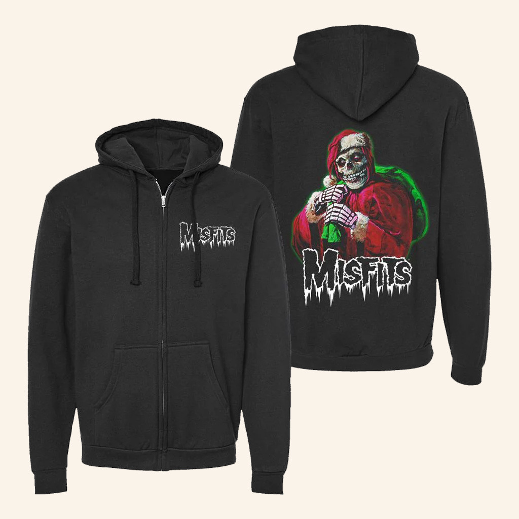 Misfits Merch Misfits Holiday Fiend Black Zip Hoodie Christmas Gifts For Rock Lovers