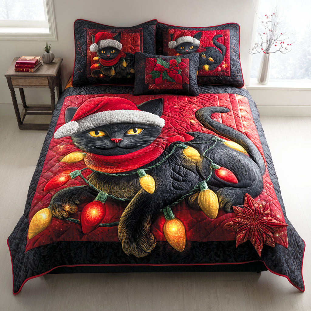 Mistletoe Cat Quilted Bedding Set Xmas Holiday Duvet Cover Set Black Cat Gift Shop