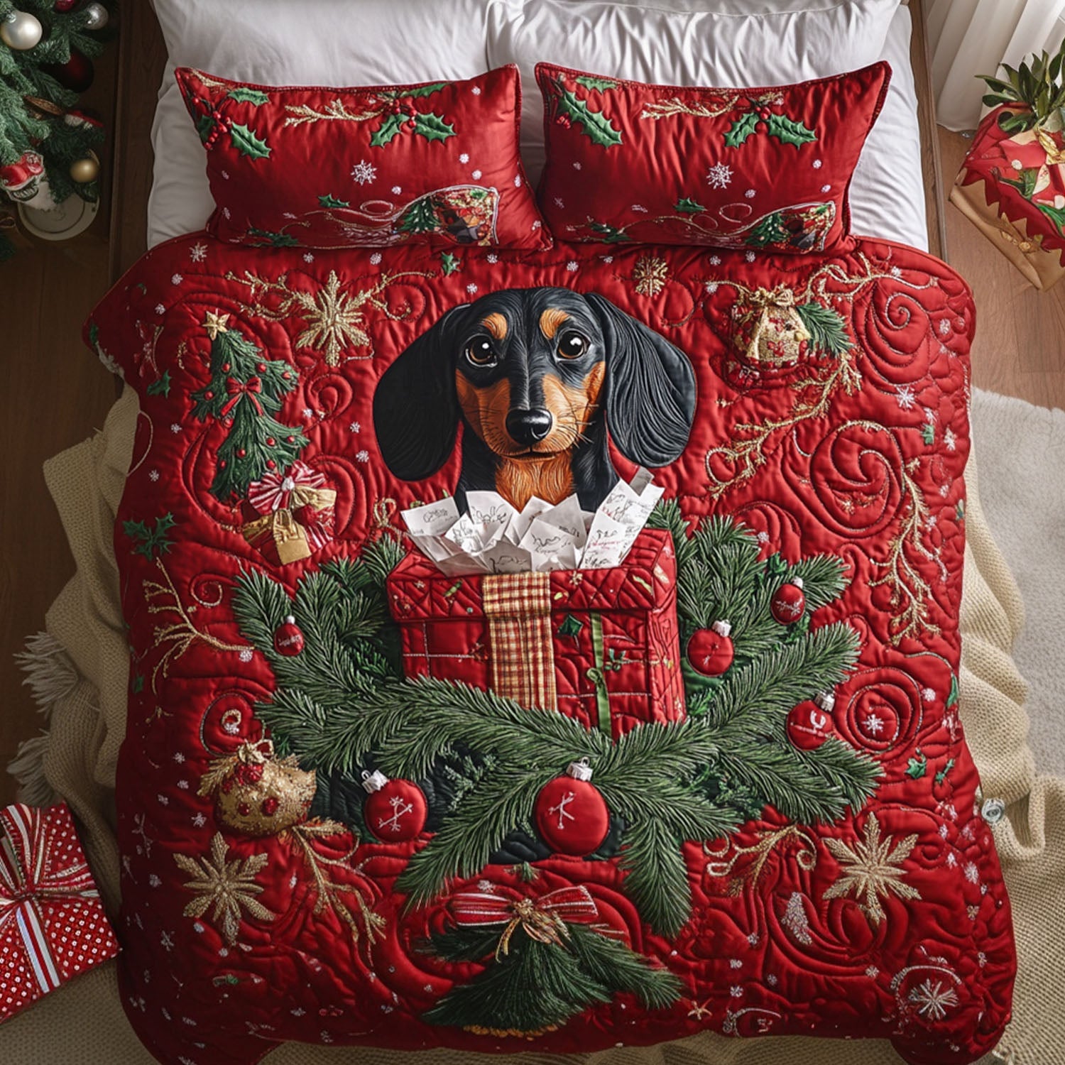 Mistletoe Dachshund Quilted Bedding Set Soft Bed Sheet and Pillowcase Set for Relaxing Nights