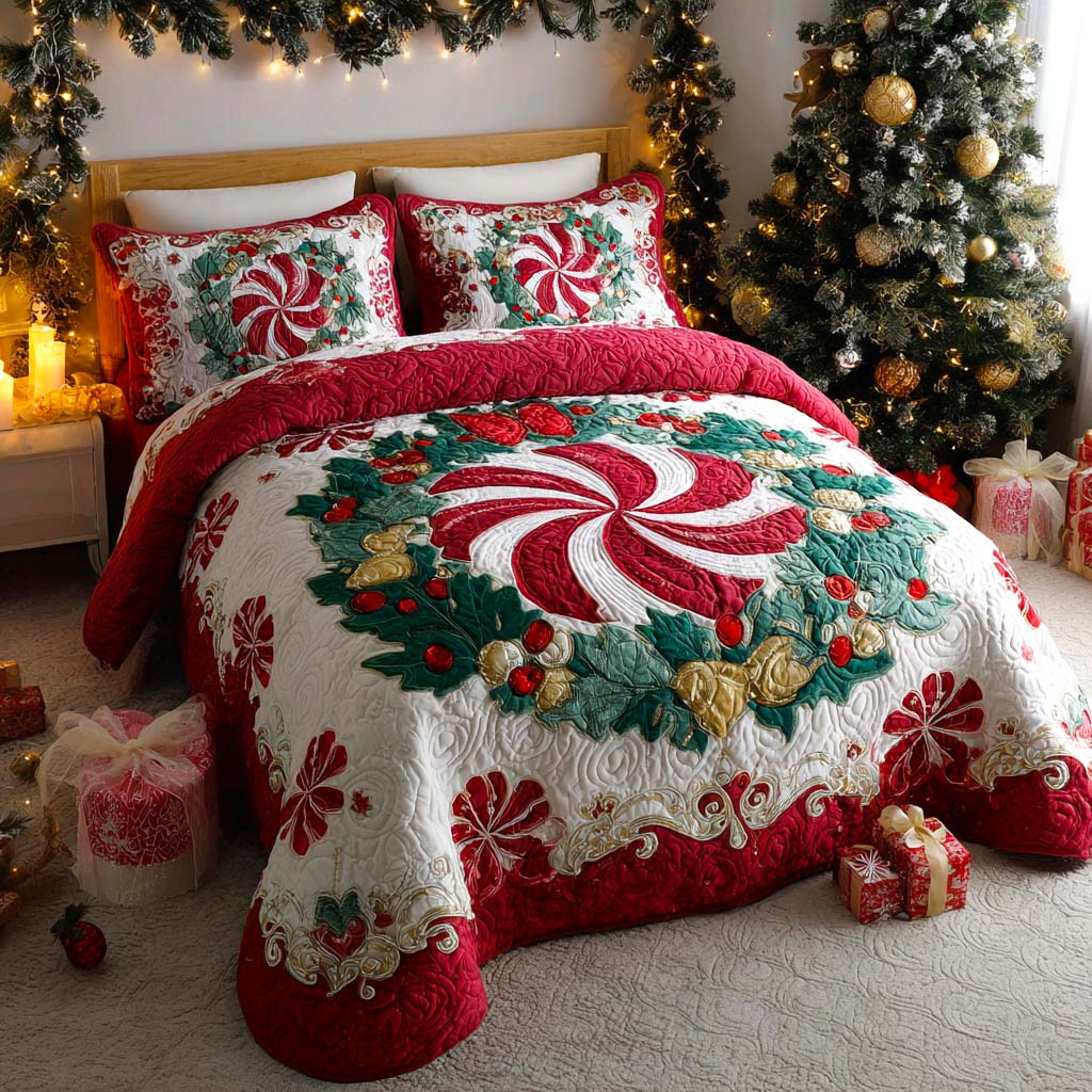 Mistletoe Magic Bow Quilted Bedding Set Xmas Duvet Cover Set Best Christmas Gifts For Wife
