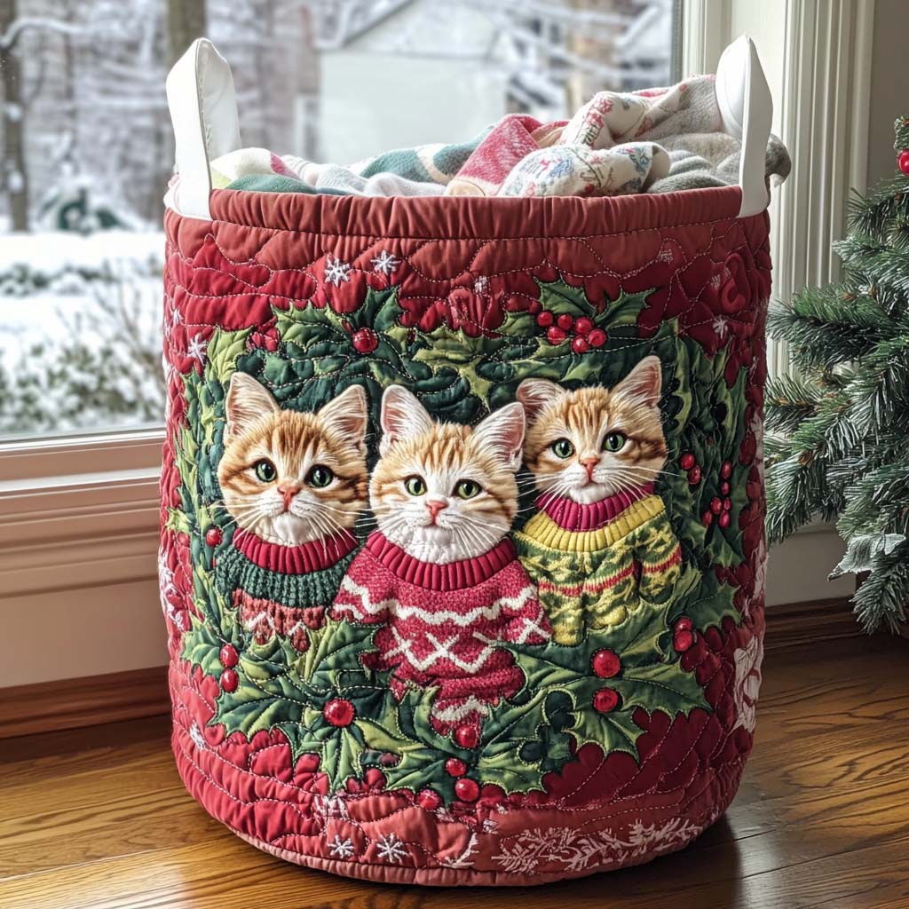 Mistletoe Meow Quilted Laundry Basket Luxury Quilted Laundry Basket for Elegant Interiors