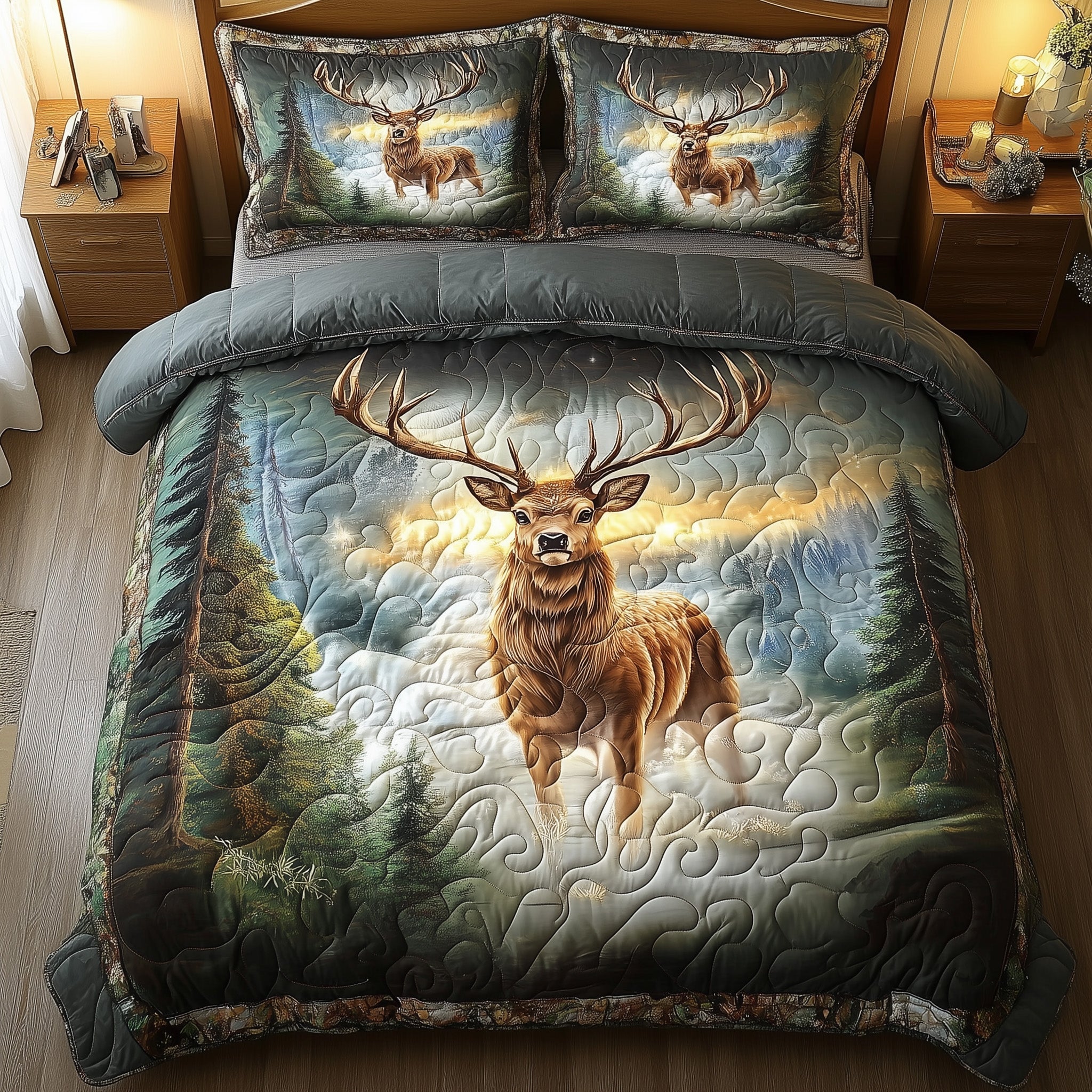 Misty Forest Deer Quilted Bedding Set Create a Cozy Space