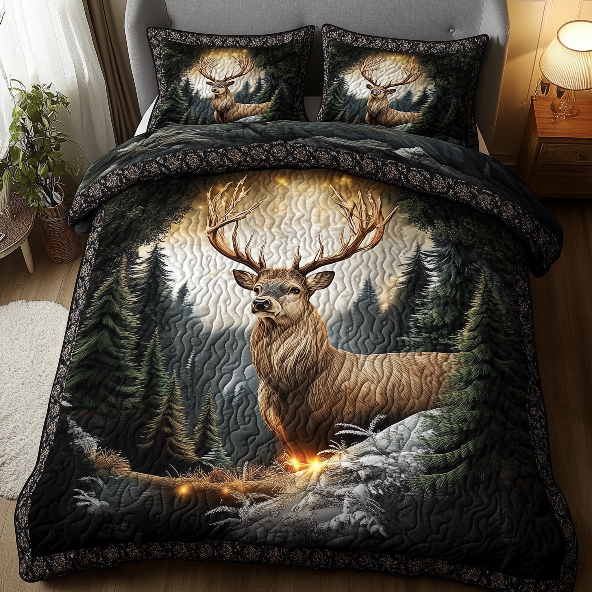 Misty Forest Deer Quilted Bedding Set Duvet Cover Bedspread Best Bridal Shower Gifts