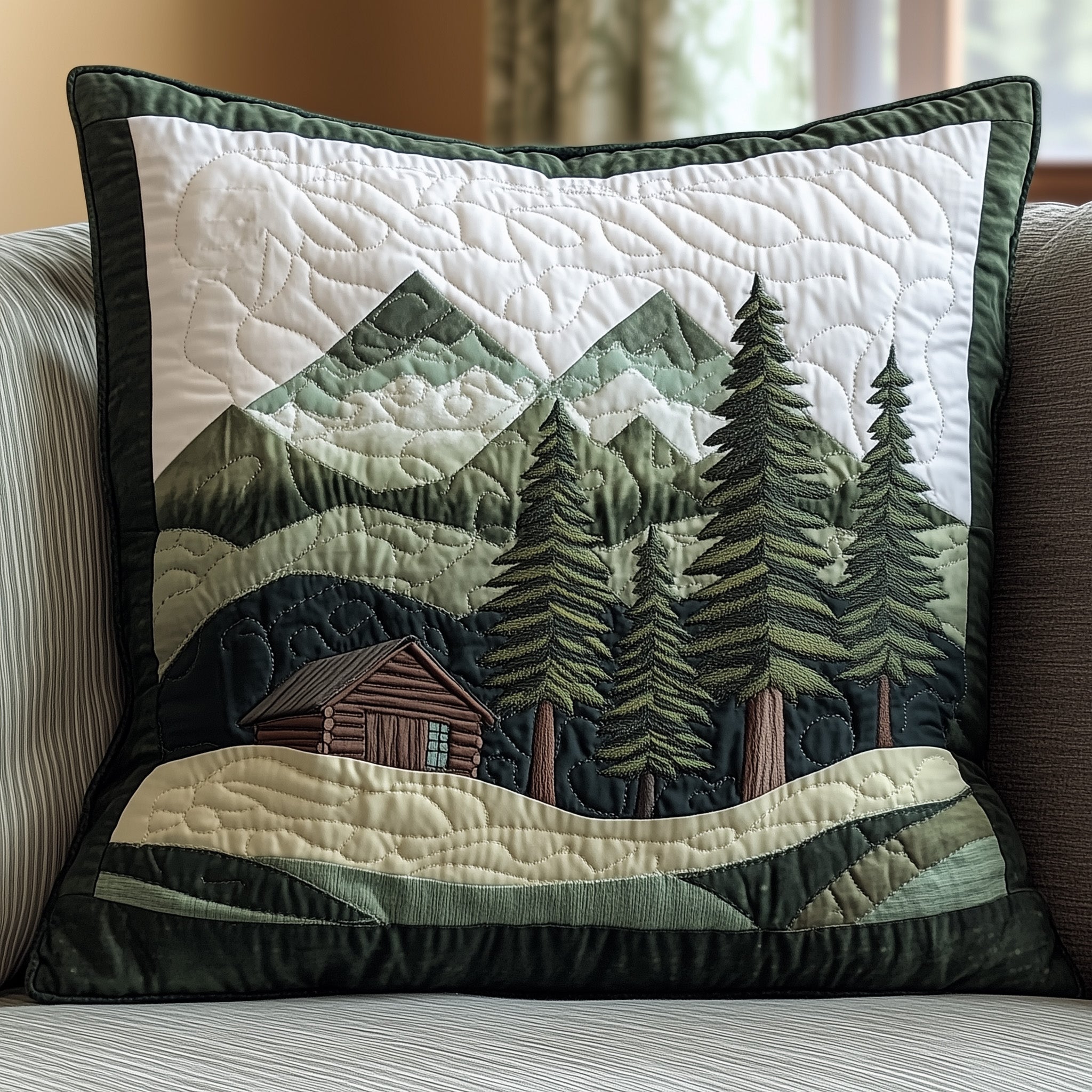 Misty Forest Mountain Quilted Pillow Case Gift For Him