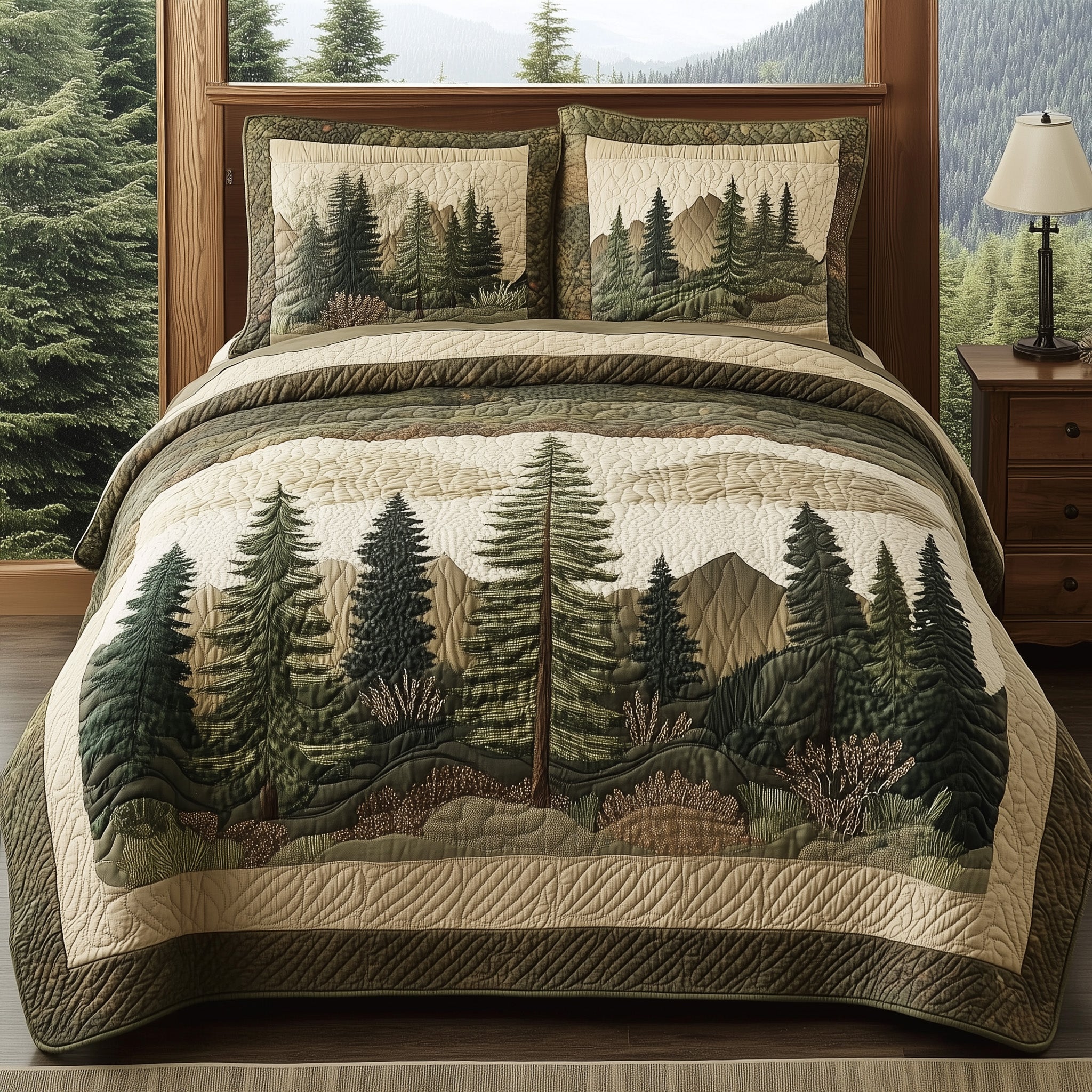 Misty Forest Quilted Bedding Set Nature Scenery Green Forest Presents