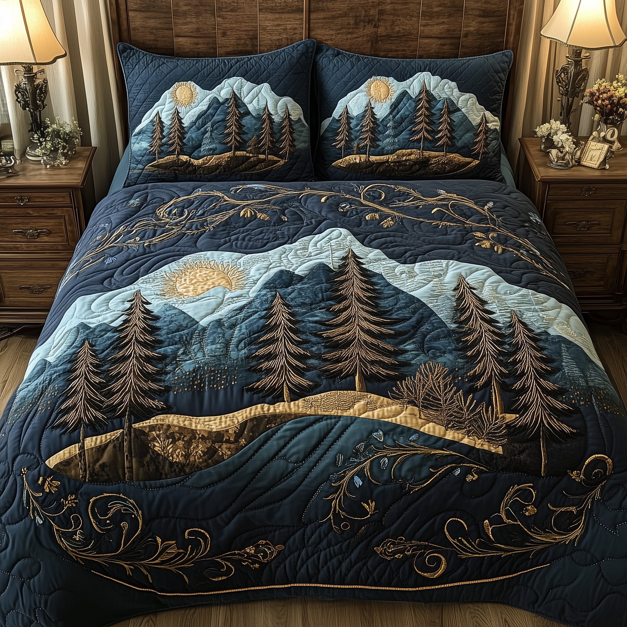 Misty Pine Forest Quilted Bedding Set Duvet Cover Bed Sheet Best Christmas Gifts For Relatives