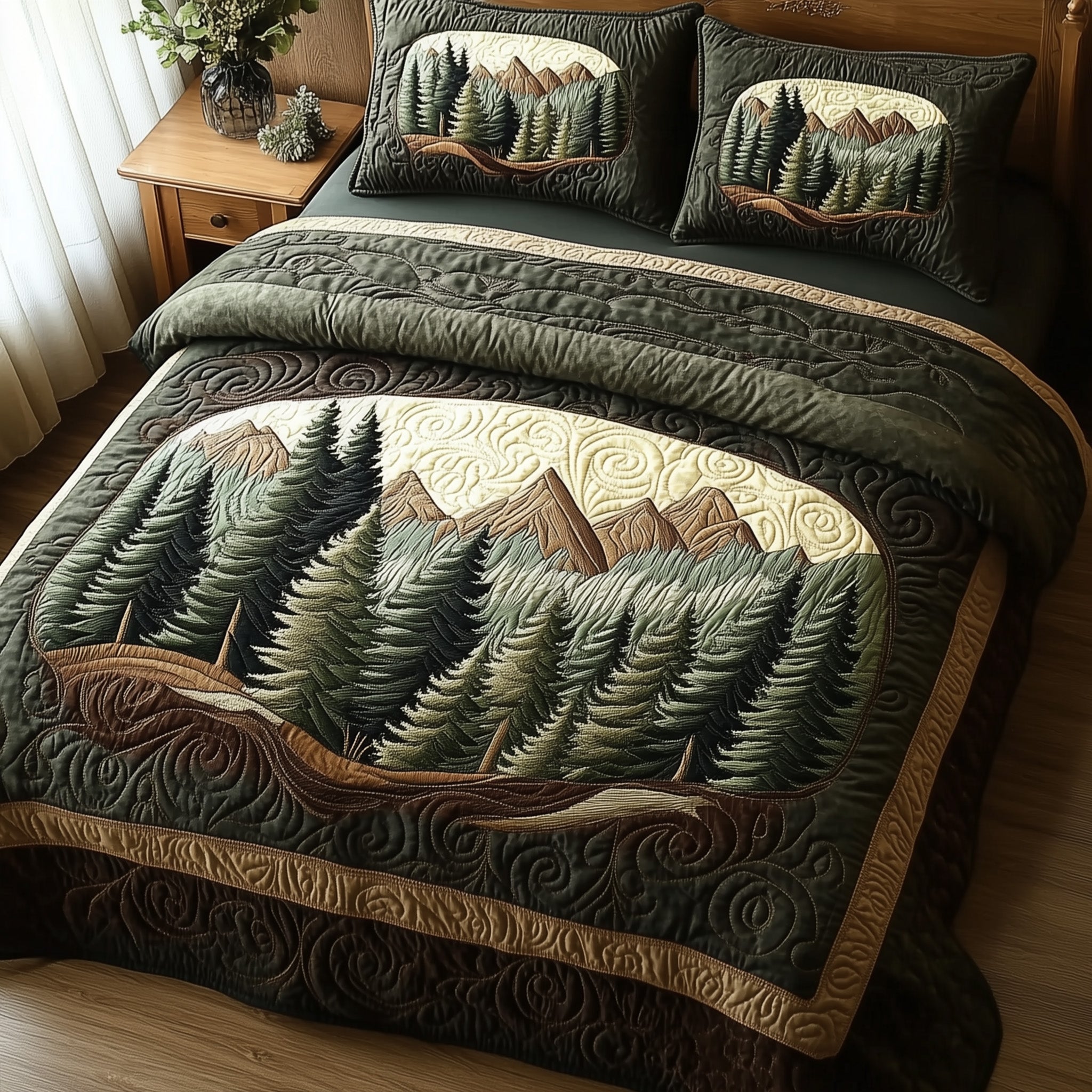 Misty Pine Forest Quilted Bedding Set Duvet Cover Bed Sheet Best Family Xmas Gifts