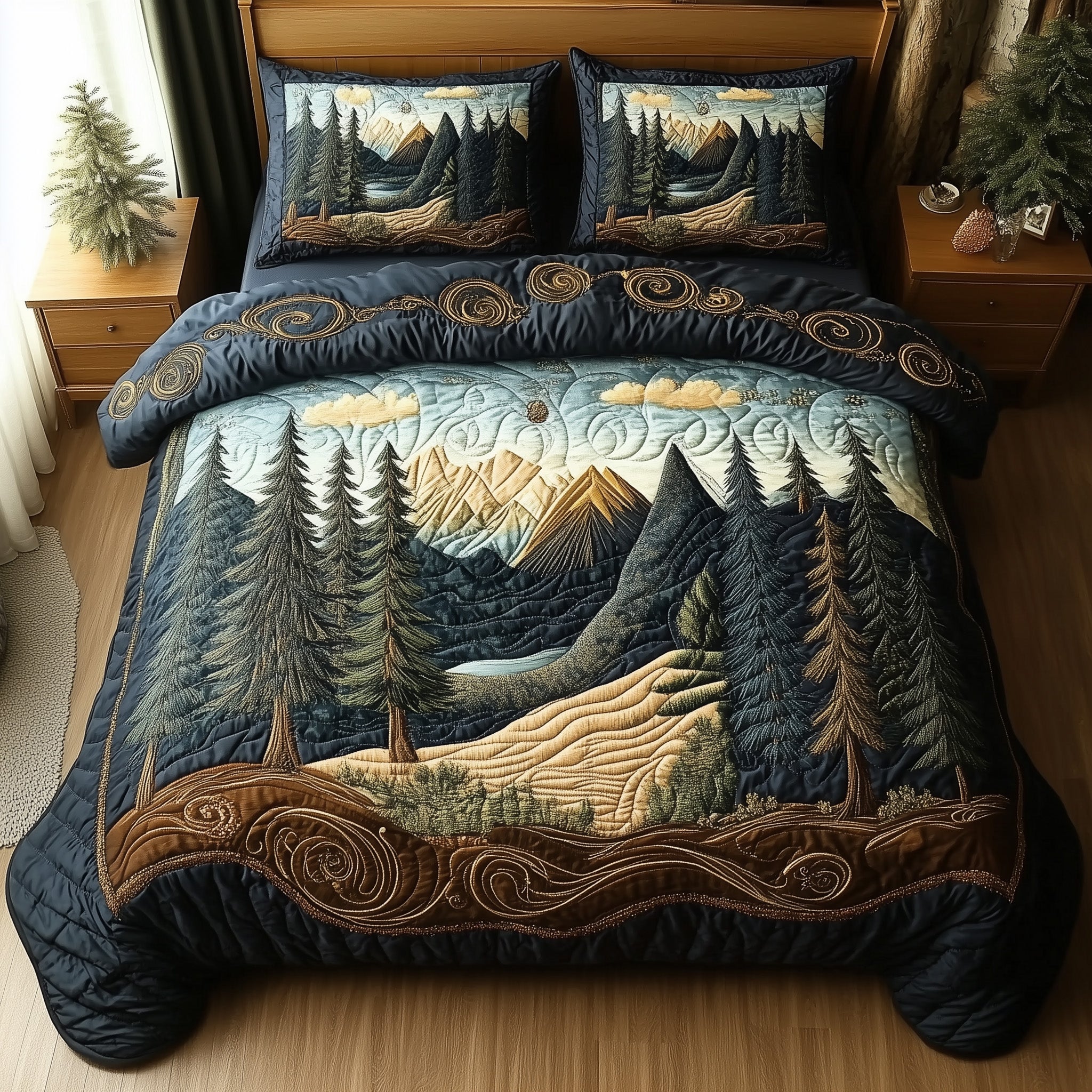 Misty Pine Forest Quilted Bedding Set Duvet Cover Bed Sheet Nice Family Christmas Gifts