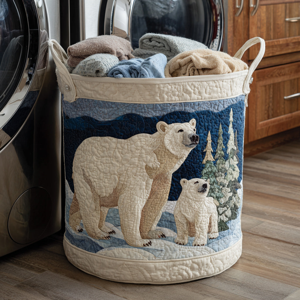 Misty Polar Bear Quilted Laundry Basket Luxury Quilted Storage Basket Gift for Home Decor Lovers