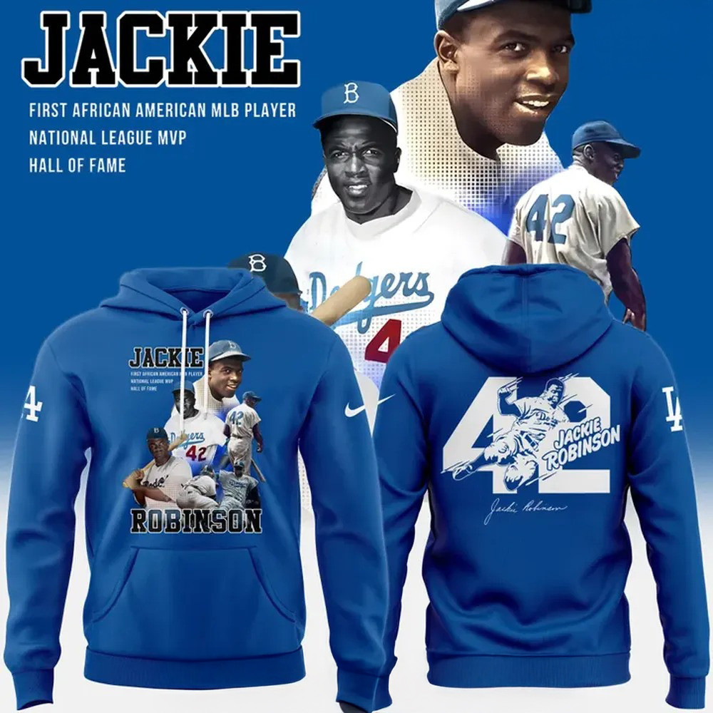 MLB Jackie Robinson 42 Dodgers Blue Hoodie Presents For Baseball Fans