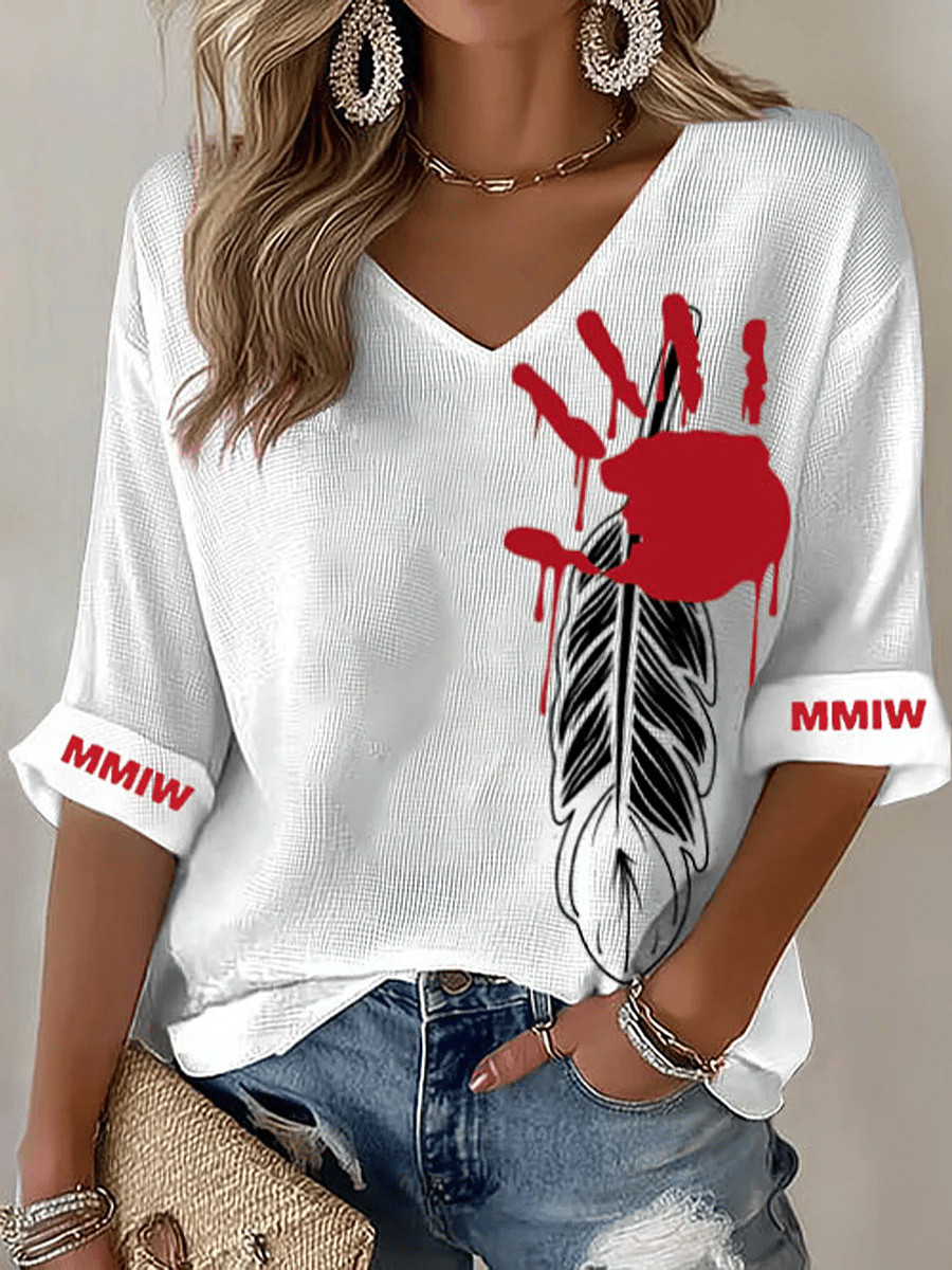 MMIW Awareness Handprint V-Neck Long Sleeve Shirt MMIW Awareness Merch Gift For Coworkers