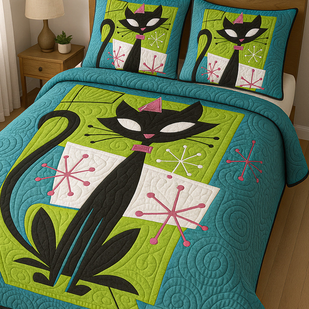 Mod Meowtique Quilted Bedding Set Cute Room Decor Best Cat Gifts For Christmas