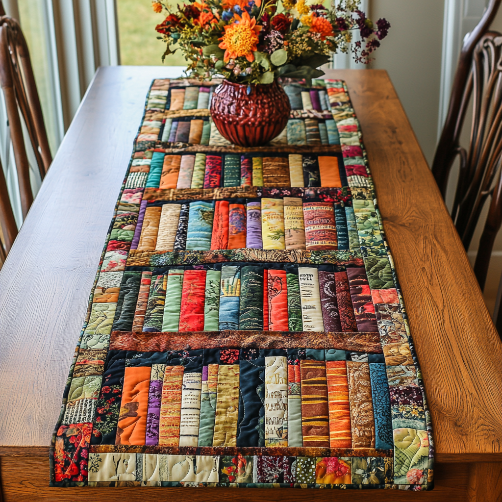 Modern Bookshelf Quilted Table Runner Kitchen Table Decor Best Gifts For Book Lovers