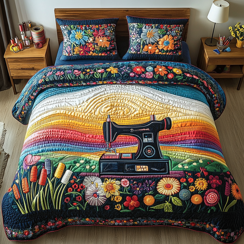 Modern Sewing Machine Quilted Bedding Set Bed Room Decoration Gifts For People Who Like To Sew