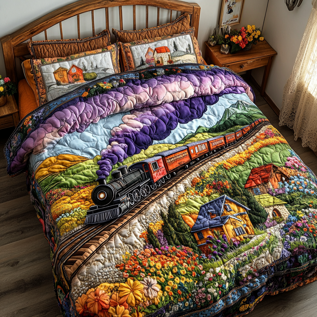 Modern Train Quilted Bedding Set Cute Room Decor Gifts For Train Lovers Adults