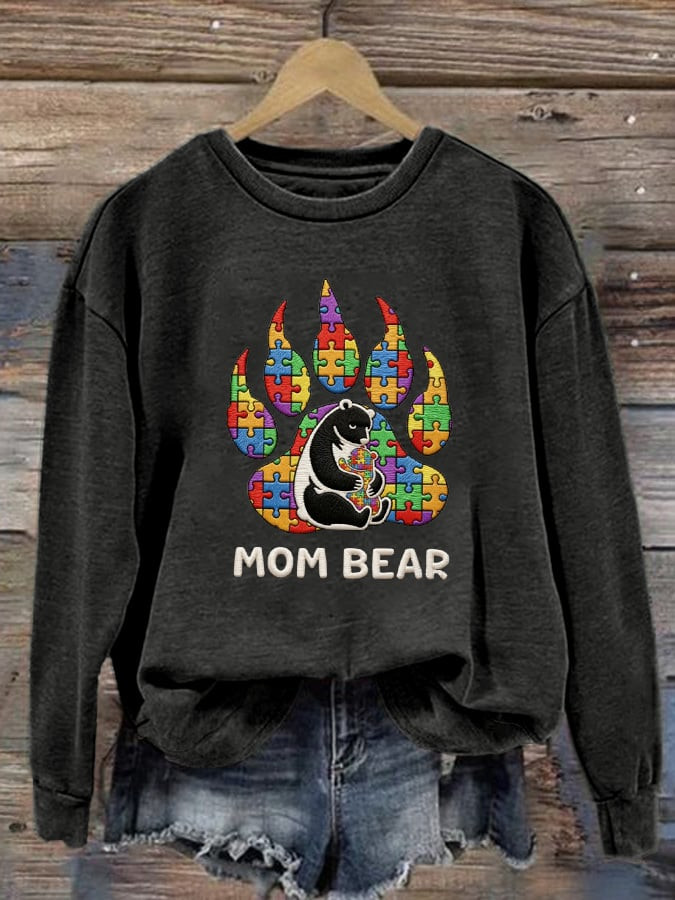 Mom Bear Sweatshirt Autism Awareness Crewneck Gift Ideas For Autism Mom