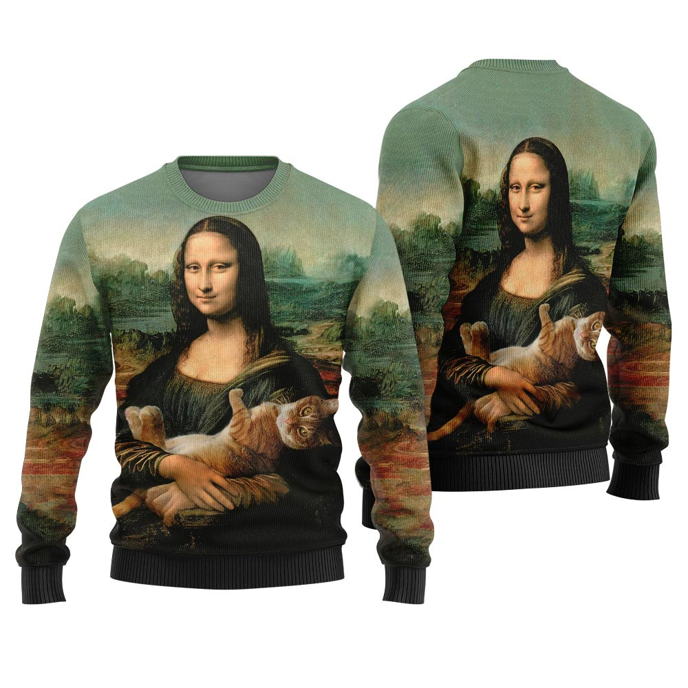 Mona Lisa Cat Ugly Christmas Sweater Funny Xmas Sweater for Ugly Sweater Parties