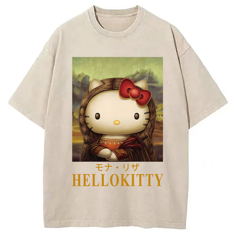 Mona Lisa Kitty Vintage Japanese Washed T-Shirt Cool Graphic Tee For Men Women Gifts For Him