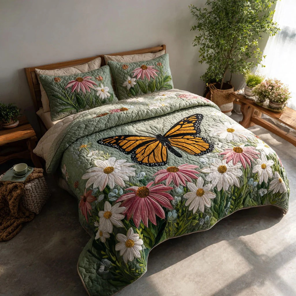 Monarch Butterfly Daisy 3-Piece Quilted Bedding Set Nature Floral Bedspread Best Gift For Her
