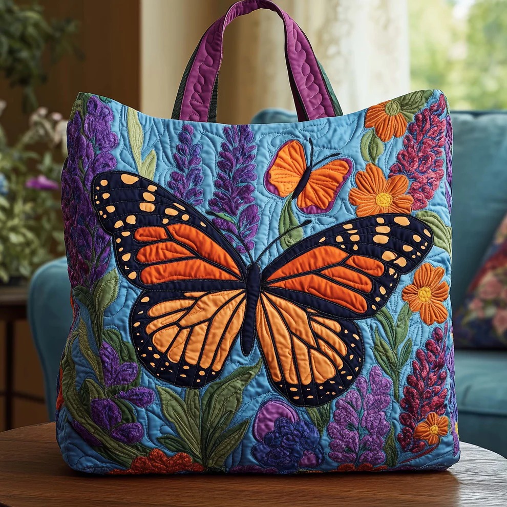 Monarch Butterfly Flower Garden Quilted Tote Bag Nature Lover Boho Floral Colorful Gift For Mom