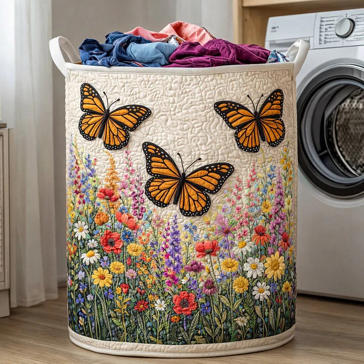 Monarch Butterfly Wildflower Quilted Laundry Basket Nature Home Decor Best Gift For Butterfly Fans