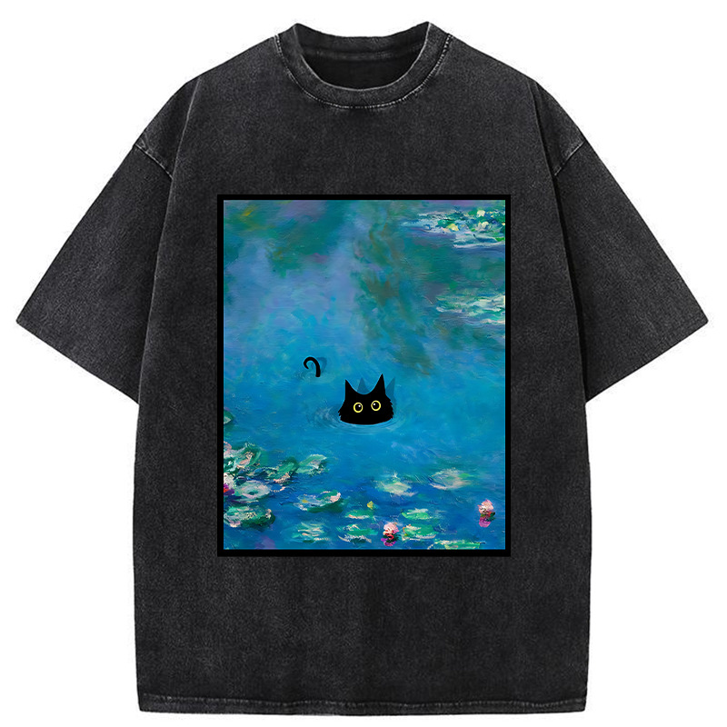 Monet Water Lily Cat Washed T-Shirt Trendy Aesthetic Graphic Apparel Gifts For Besties