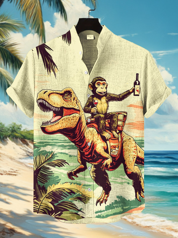 Monkeys And Dinosaurs Vacation At The Seaside Print Hawaiian Shirt Gift Ideas For Boyfriend