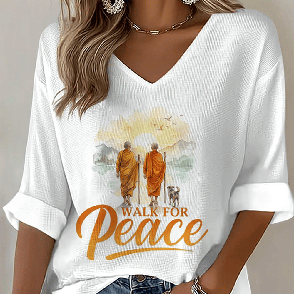 Monks On A Peace Journey With Aloka Dog V-Neck Long Sleeve Shirt Trendy Spiritual Apparel