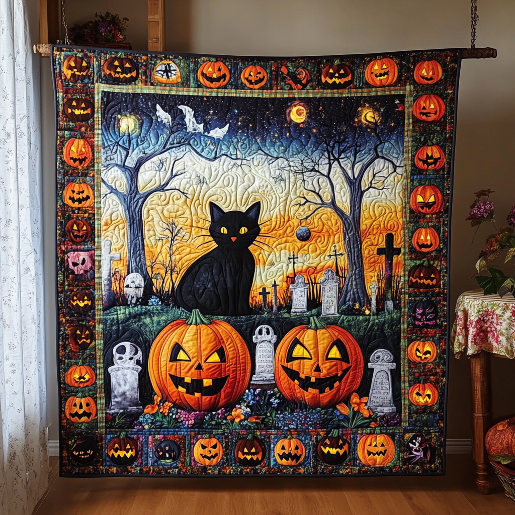 Monster Mash Black Cat Quilted Blanket Halloween Gifts For Girlfriend
