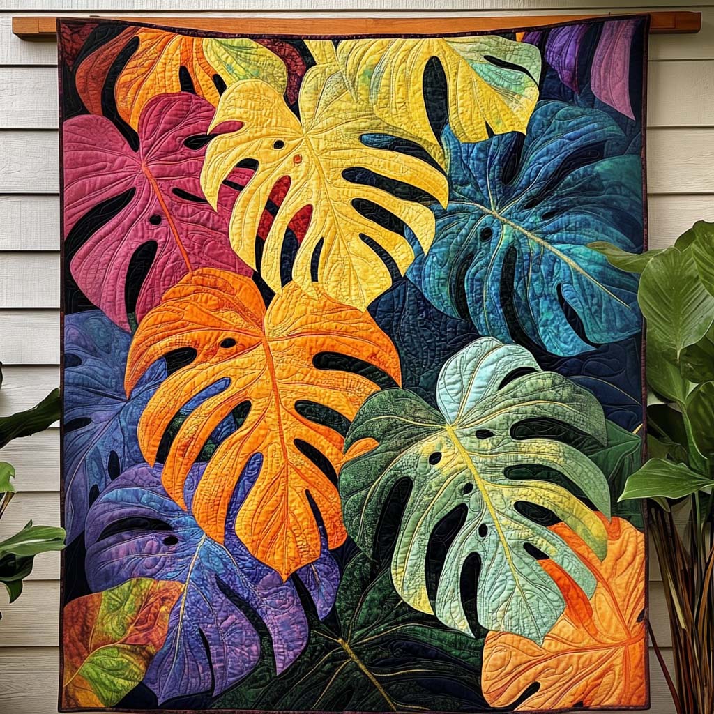 Monstera In Color Quilted Blanket Christmas Gift Blanket