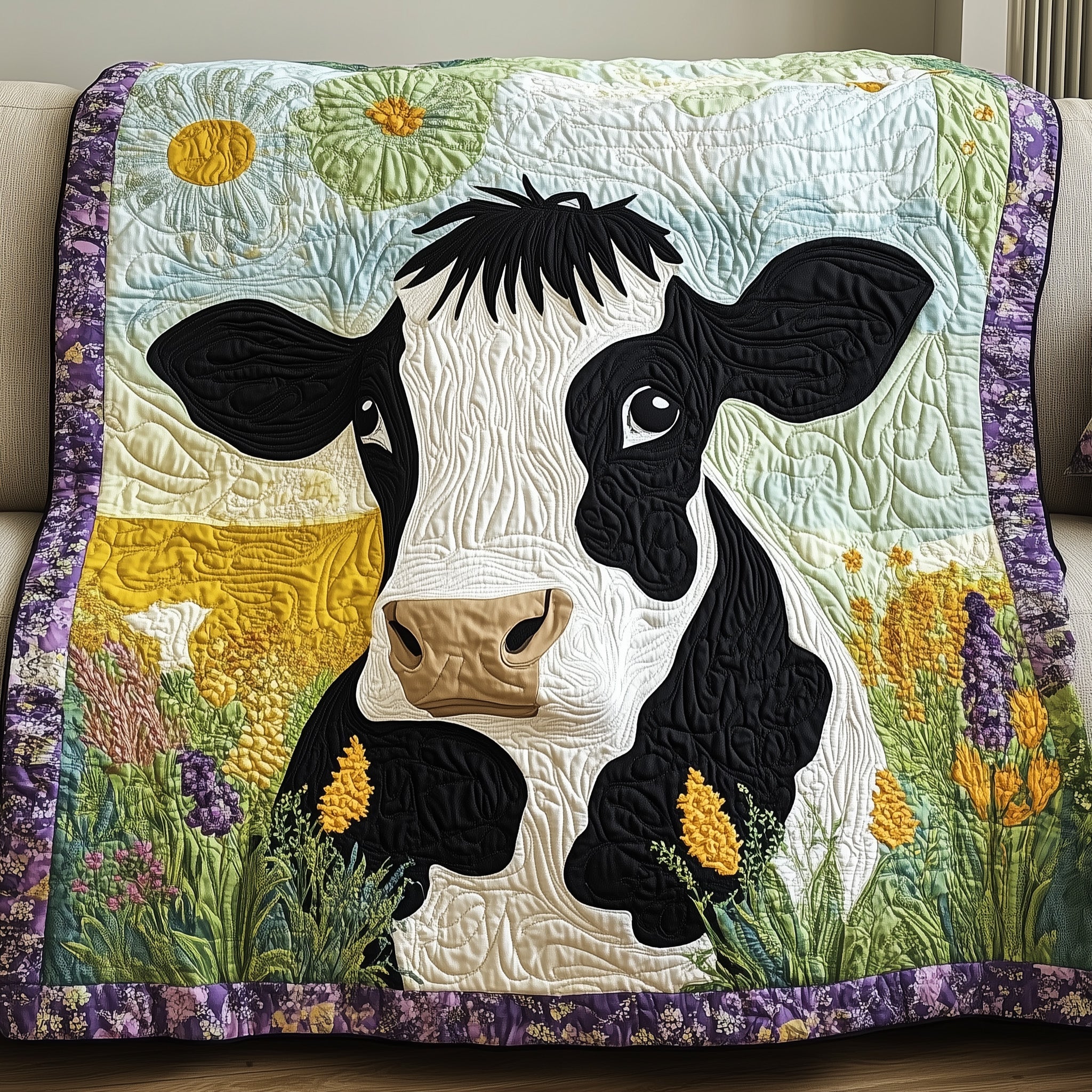Moo And Meadows Quilted Blanket Cute Cozy BlanketCow Gifts For Women