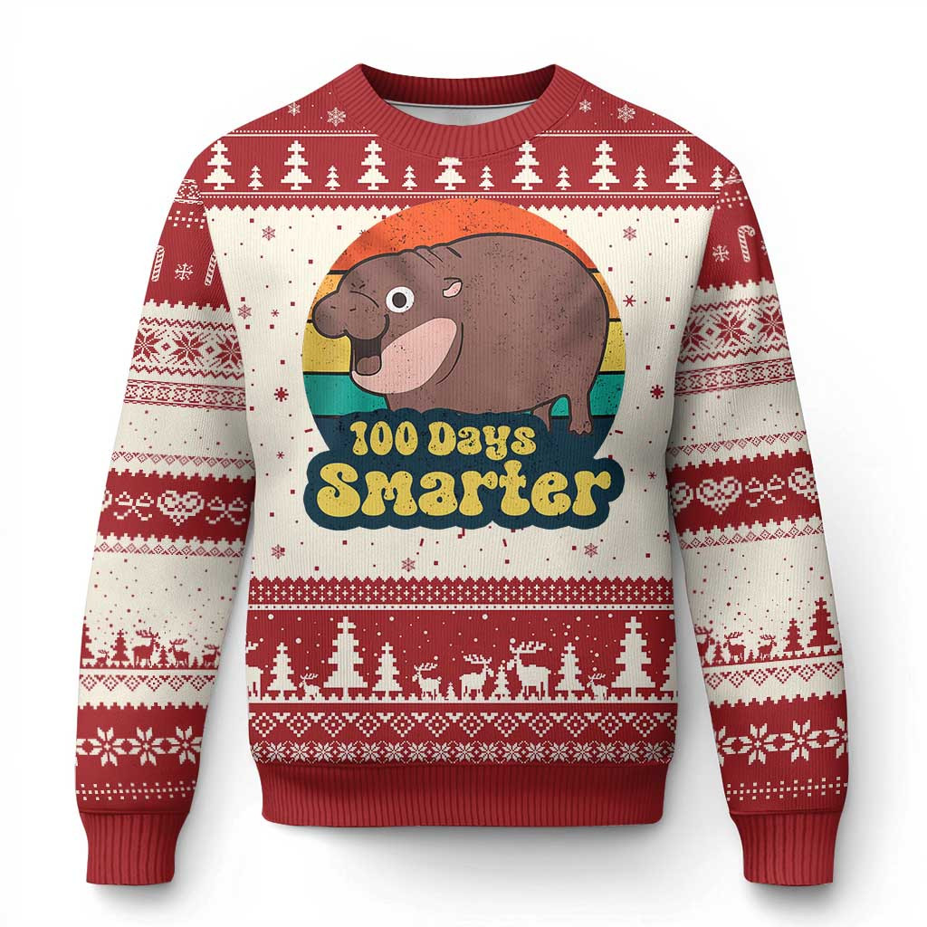 Moo Deng 100 Days Smarter Ugly Christmas Sweater 100 Days Bouncy Pig Sweater Hippo Gifts