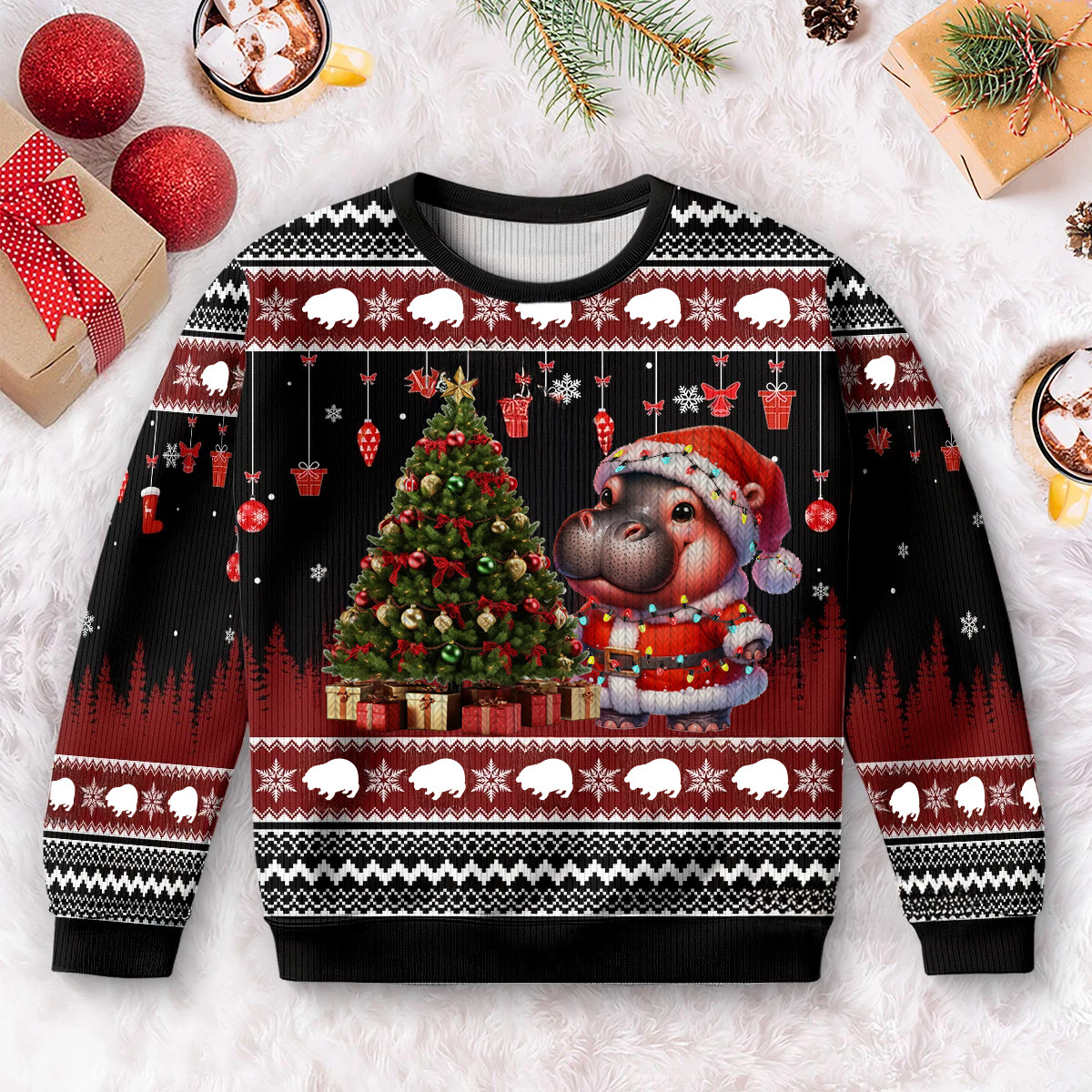 Moo Deng Christmas Sweater Cute Christmas Clothing Gifts For Hippo Lovers