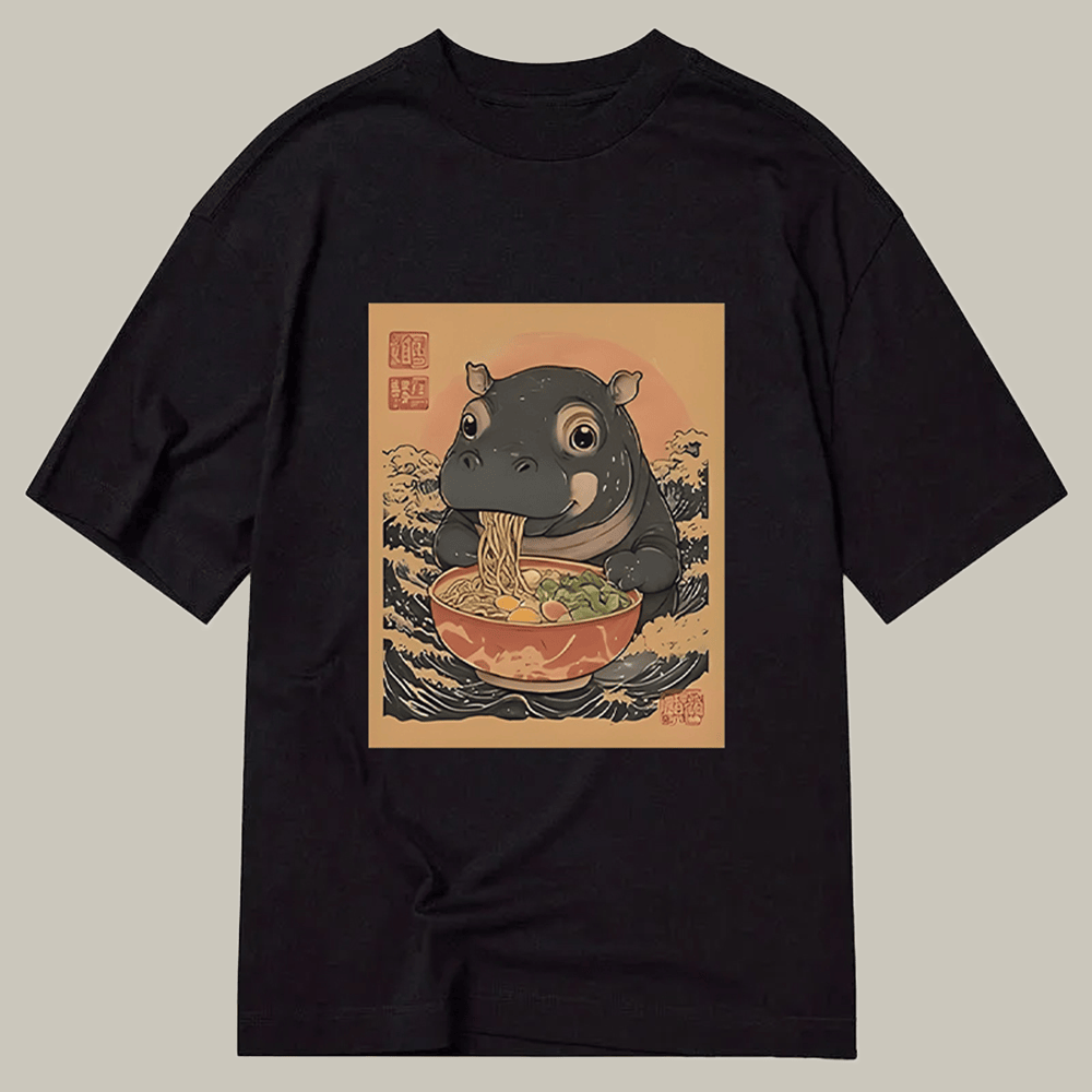 Moo Deng Eat Ramen Classic T-Shirt Animal Themed Meme Merch Humorous Gifts For Friends