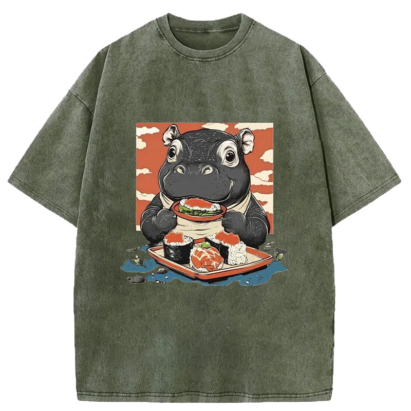 Moo Deng Eat Sushi Washed T-Shirt Soft Cotton Daily Wear Tee Gifts For BFF Moo Deng Eat Sushi Washed T-Shirt Soft Cotton Daily Wear Tee Gifts For BFF