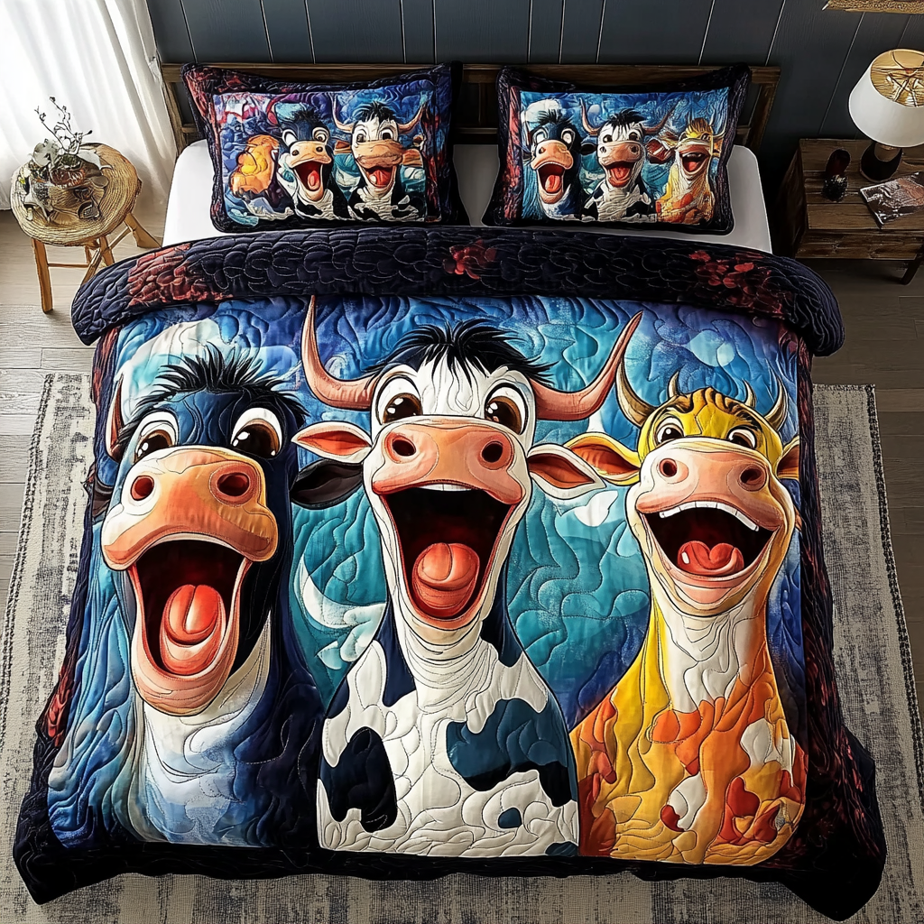 Moo Friends Quilted Bedding Set Unique Bed Sheet Set Best Gifts For Cow Lovers